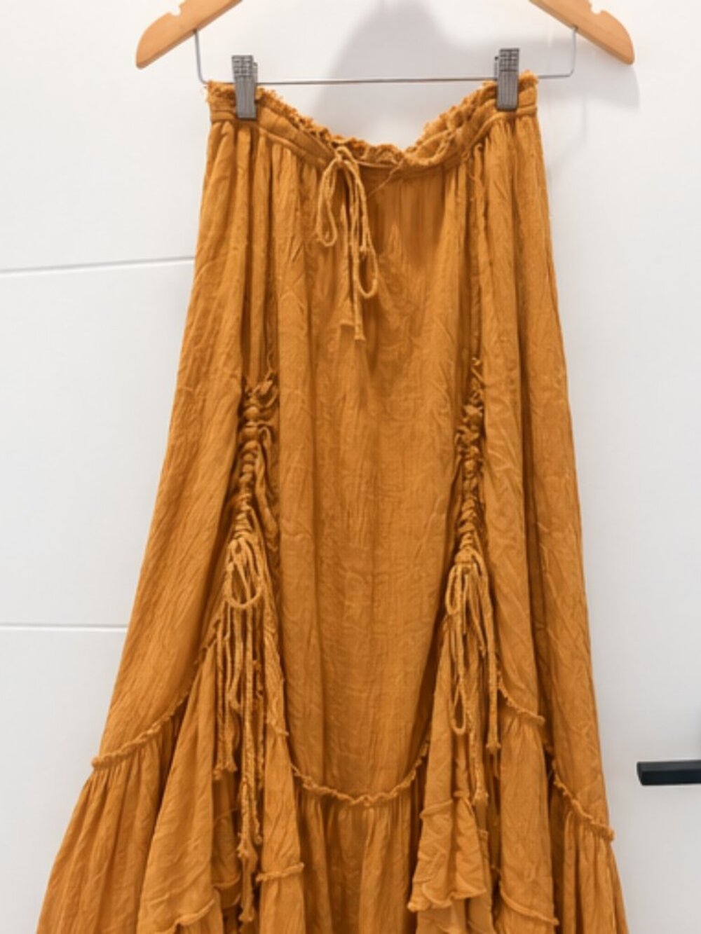 Free People Mustard Ruched Drawstring Ruffle Maxi Skirt – S